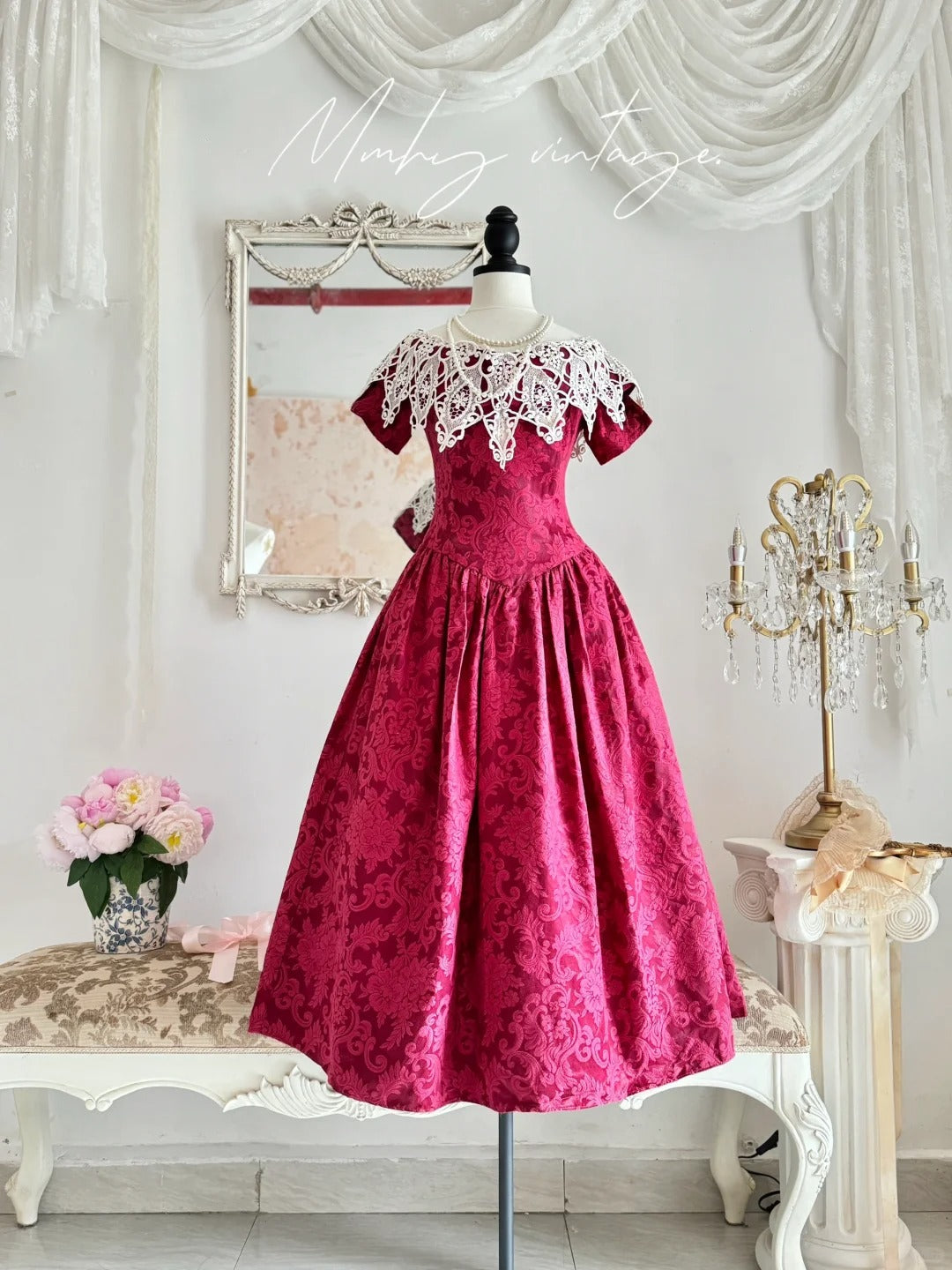 Pink Retro Elegant Red Camellia Floral A-Skirt Exquisite Lace Long Satin Ball Gown Evening Dress Party Dress Prom Dress nv4099