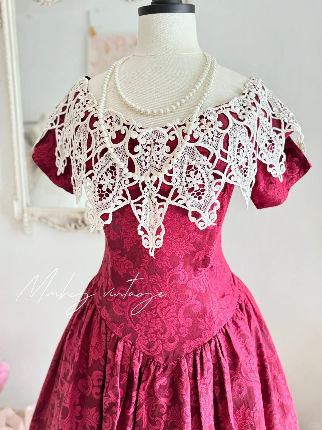 Pink Retro Elegant Red Camellia Floral A-Skirt Exquisite Lace Long Satin Ball Gown Evening Dress Party Dress Prom Dress nv4099