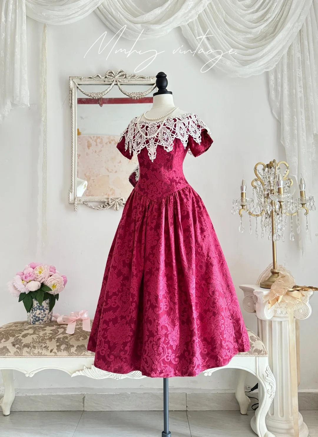 Pink Retro Elegant Red Camellia Floral A-Skirt Exquisite Lace Long Satin Ball Gown Evening Dress Party Dress Prom Dress nv4099