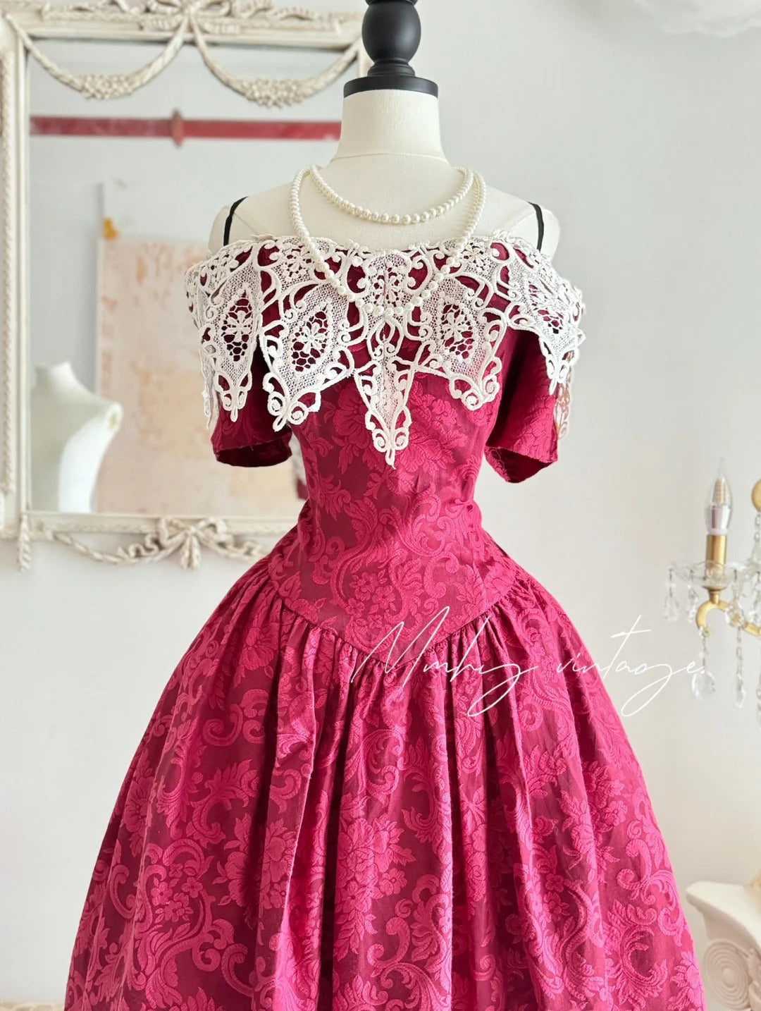 Pink Retro Elegant Red Camellia Floral A-Skirt Exquisite Lace Long Satin Ball Gown Evening Dress Party Dress Prom Dress nv4099
