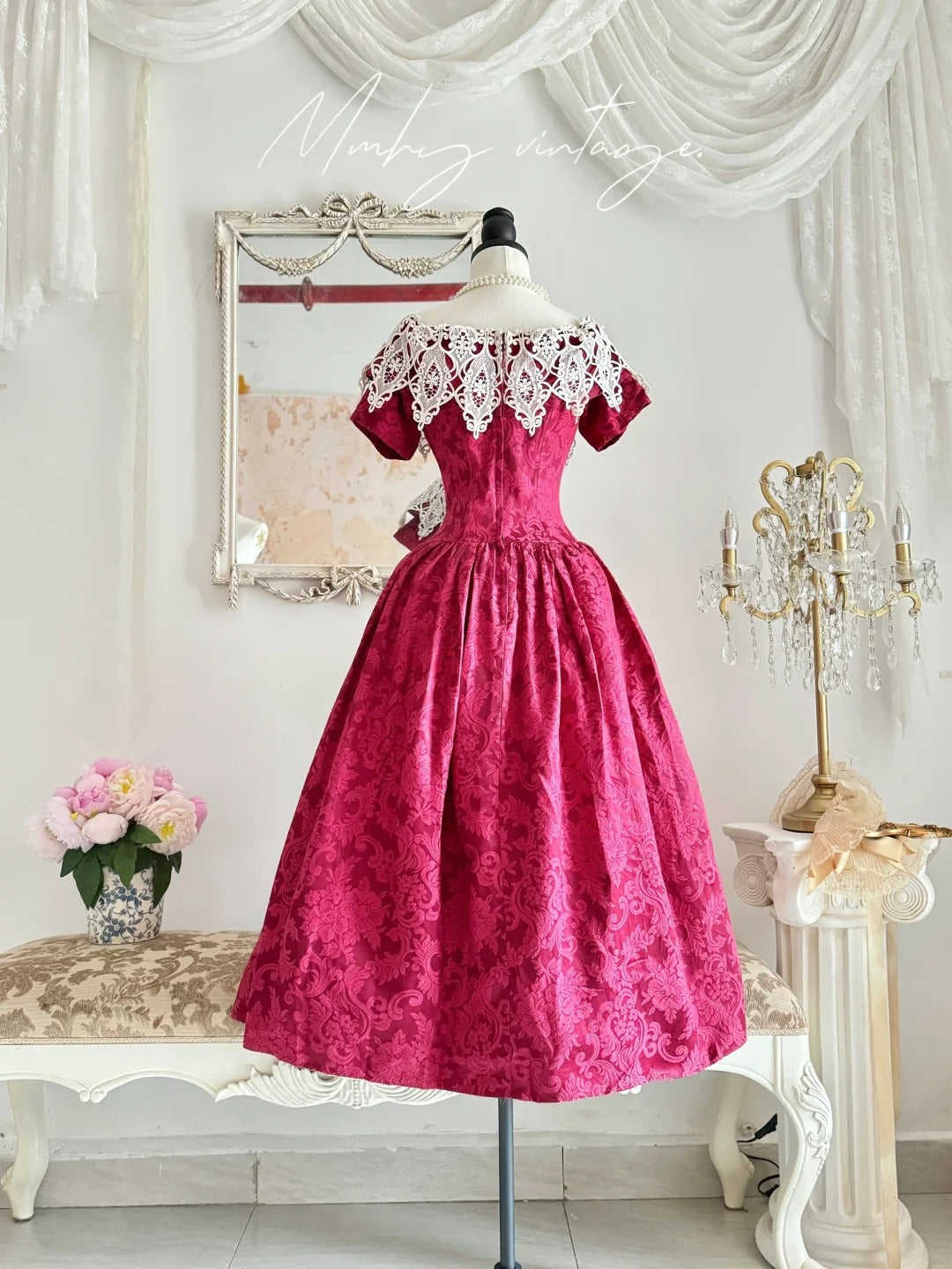 Pink Retro Elegant Red Camellia Floral A-Skirt Exquisite Lace Long Satin Ball Gown Evening Dress Party Dress Prom Dress nv4099