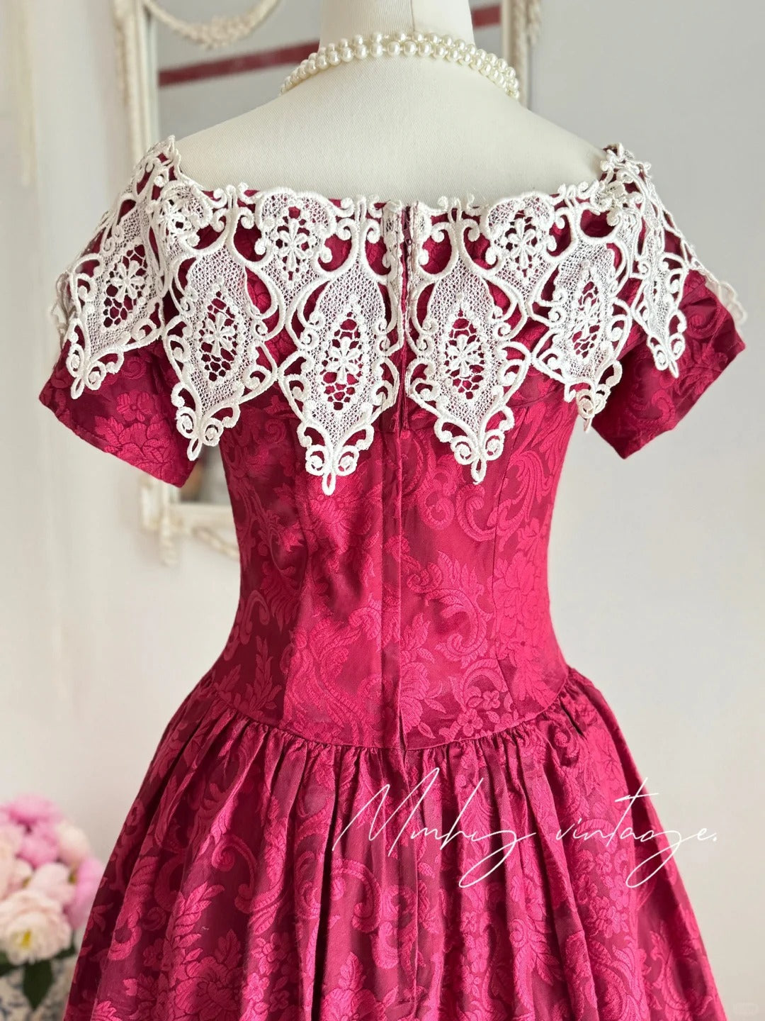 Pink Retro Elegant Red Camellia Floral A-Skirt Exquisite Lace Long Satin Ball Gown Evening Dress Party Dress Prom Dress nv4099