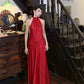 Elegant satin long formal dress with red suspender NV6603