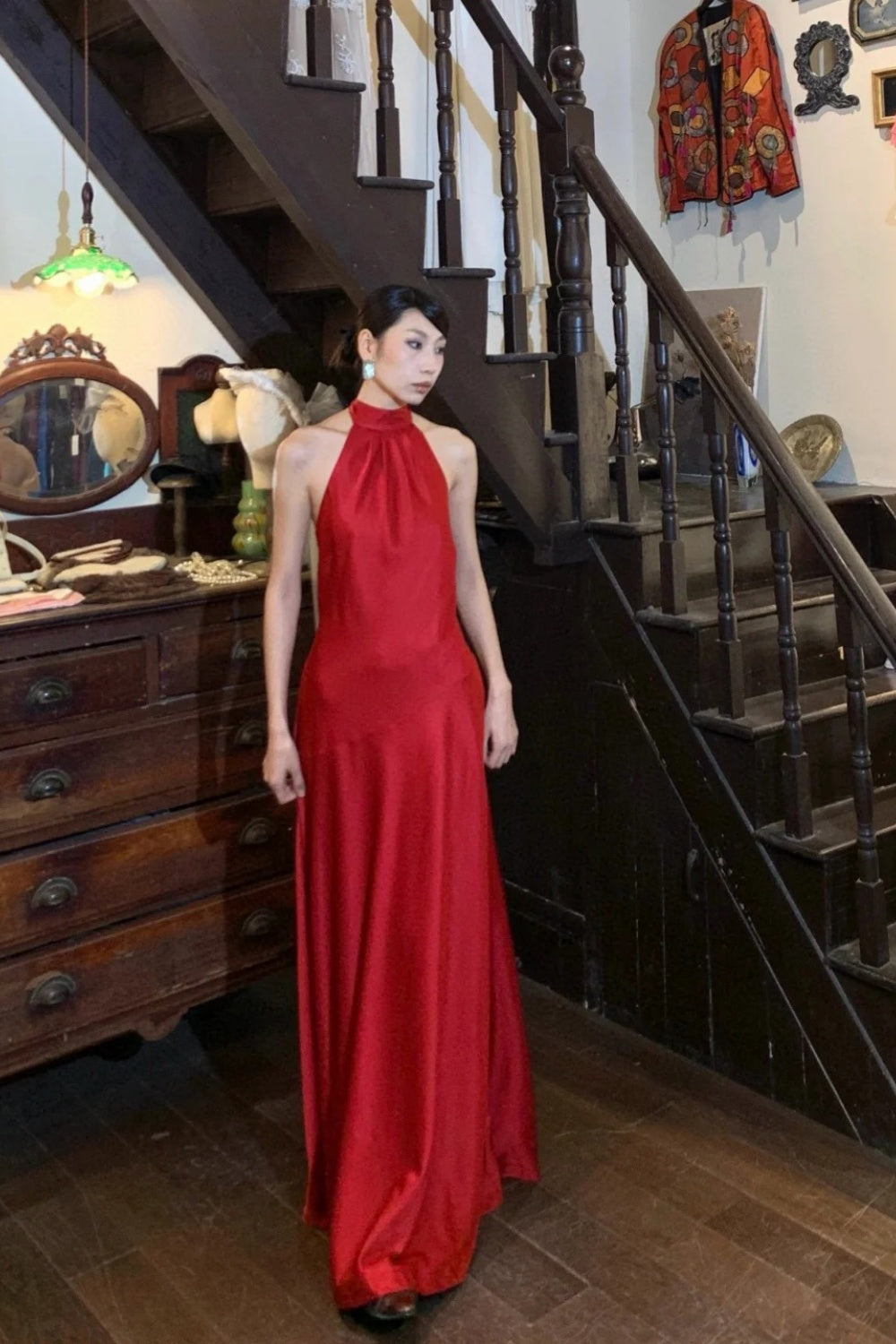 Elegant satin long formal dress with red suspender NV6603