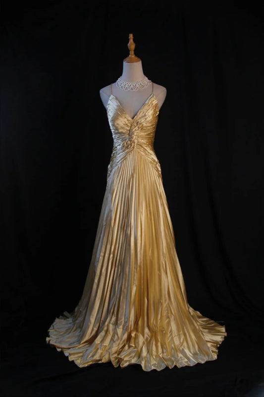 NiceVestidos - Robe de bal plissée croisée dorée, glamour et féerique, NV5786