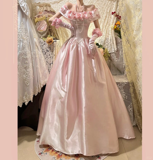 Pink Elegant Sweet Exquisite Vintage Floral Long Satin Ball Gown Evening Gown Party Dress Wedding Dress nv4144