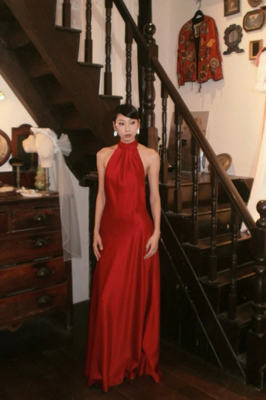 Elegant satin long formal dress with red suspender NV6603