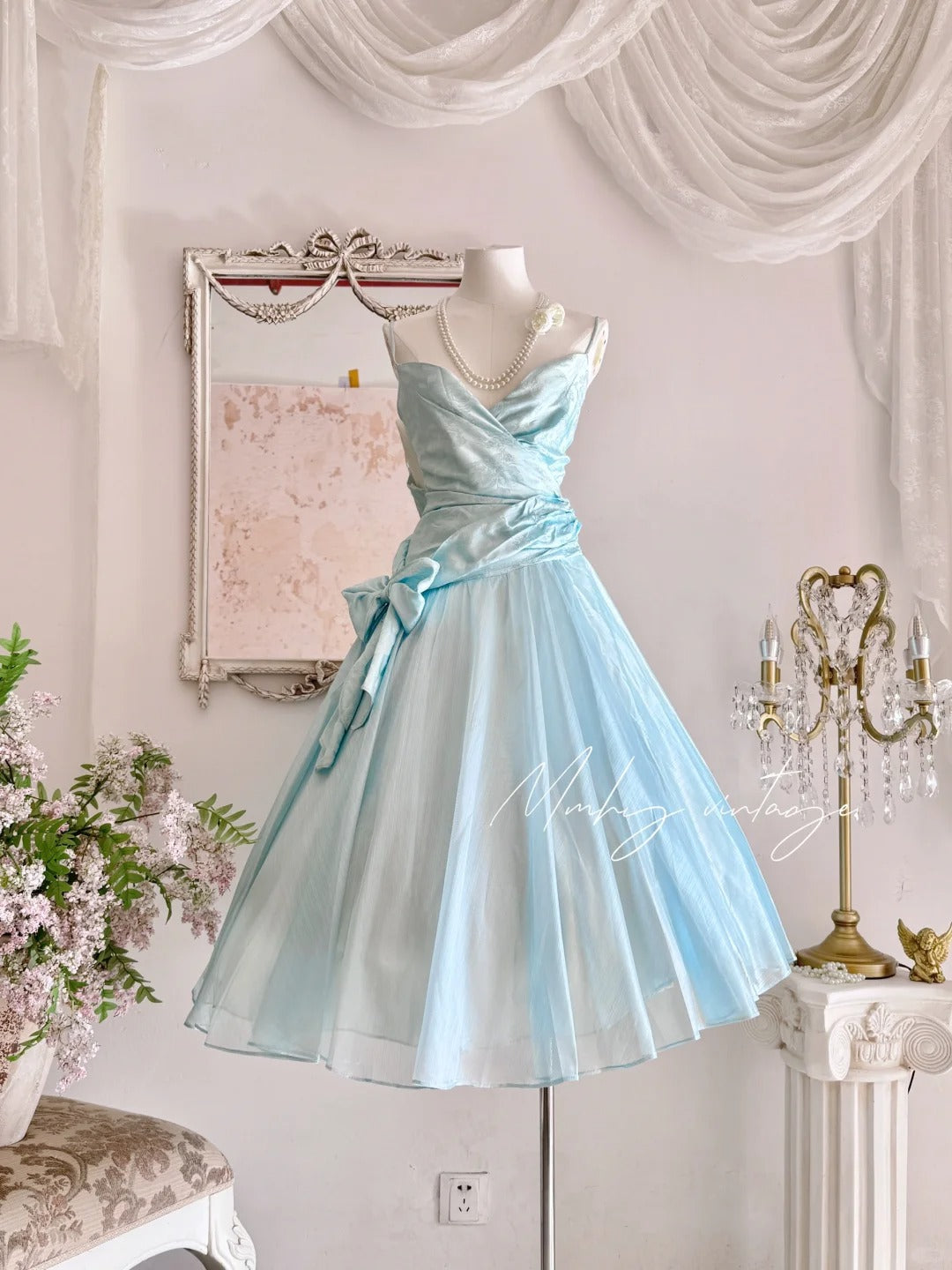 Blue Retro Cute Fashion Elegant Spaghetti Strap Long Tulle Ball Gown Evening Dress Prom Dress nv4088