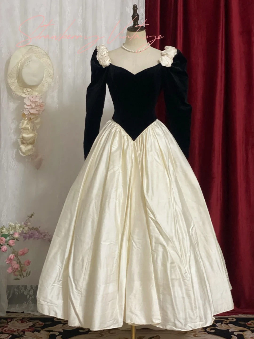 Ivory vintage rose long satin velvet ball gown nv4996