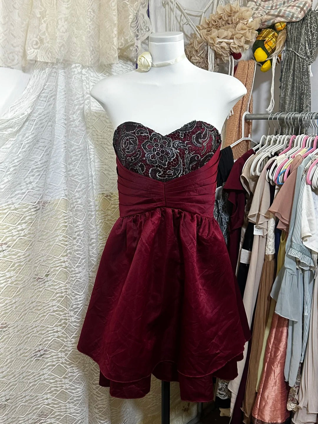 Burgundy vintage tube top short satin homecoming dress birthday party dress nv5085