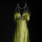 Robe de soirée longue en satin vert vintage, élégante et exquise, avec traîne au sol, avec perles, nv4121