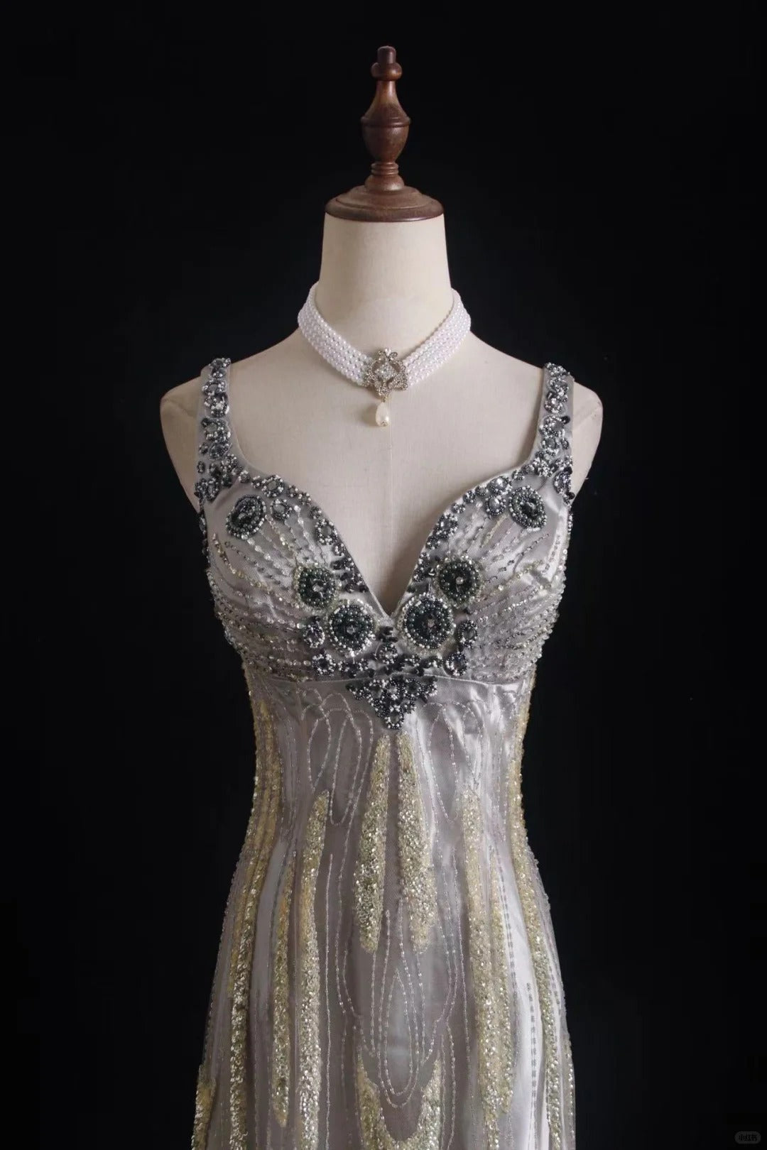 Silver tulle beaded, shiny and gorgeous, Galaxy Heavy Vintage double-shouldered Gatsby-style dress, ball gown, evening gown, party dress nv5207