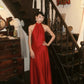 Elegant satin long formal dress with red suspender NV6603