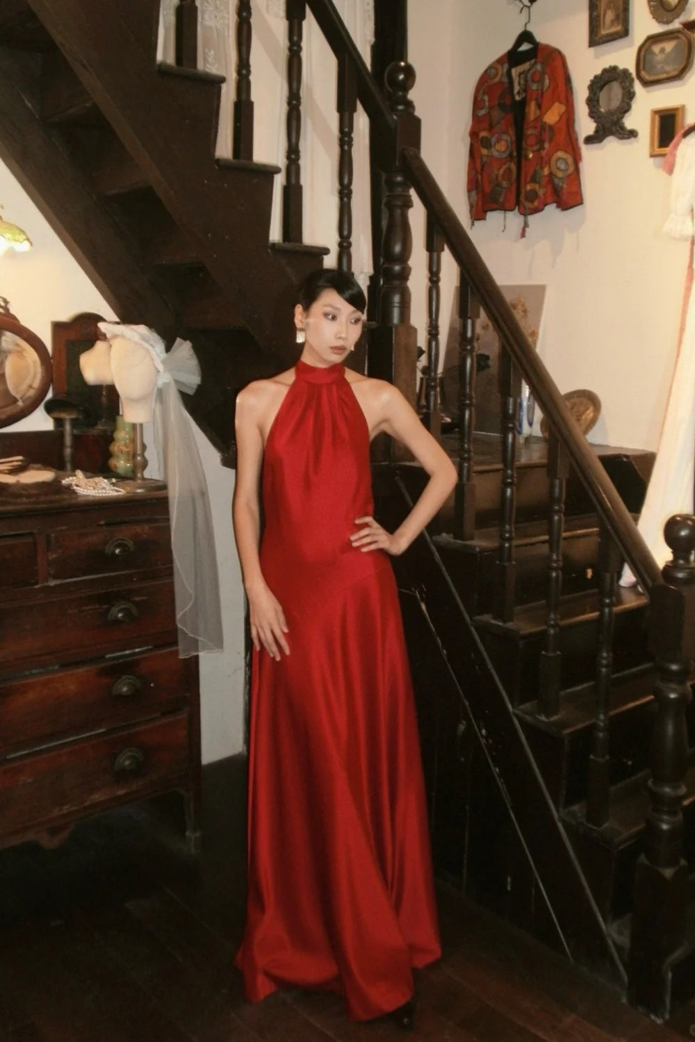 Elegant satin long formal dress with red suspender NV6603