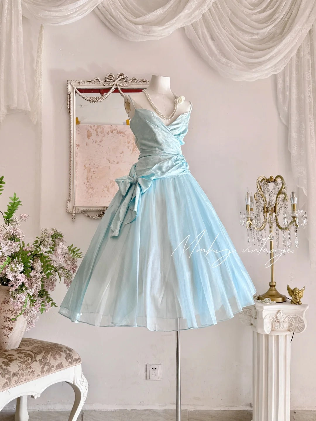 Blue Retro Cute Fashion Elegant Spaghetti Strap Long Tulle Ball Gown Evening Dress Prom Dress nv4088