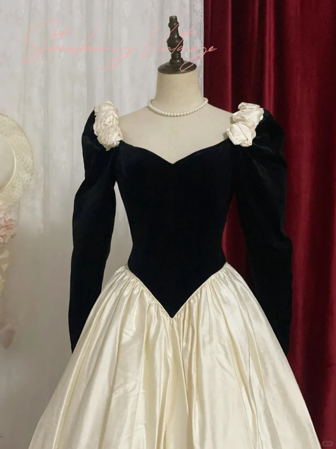 Ivory vintage rose long satin velvet ball gown nv4996