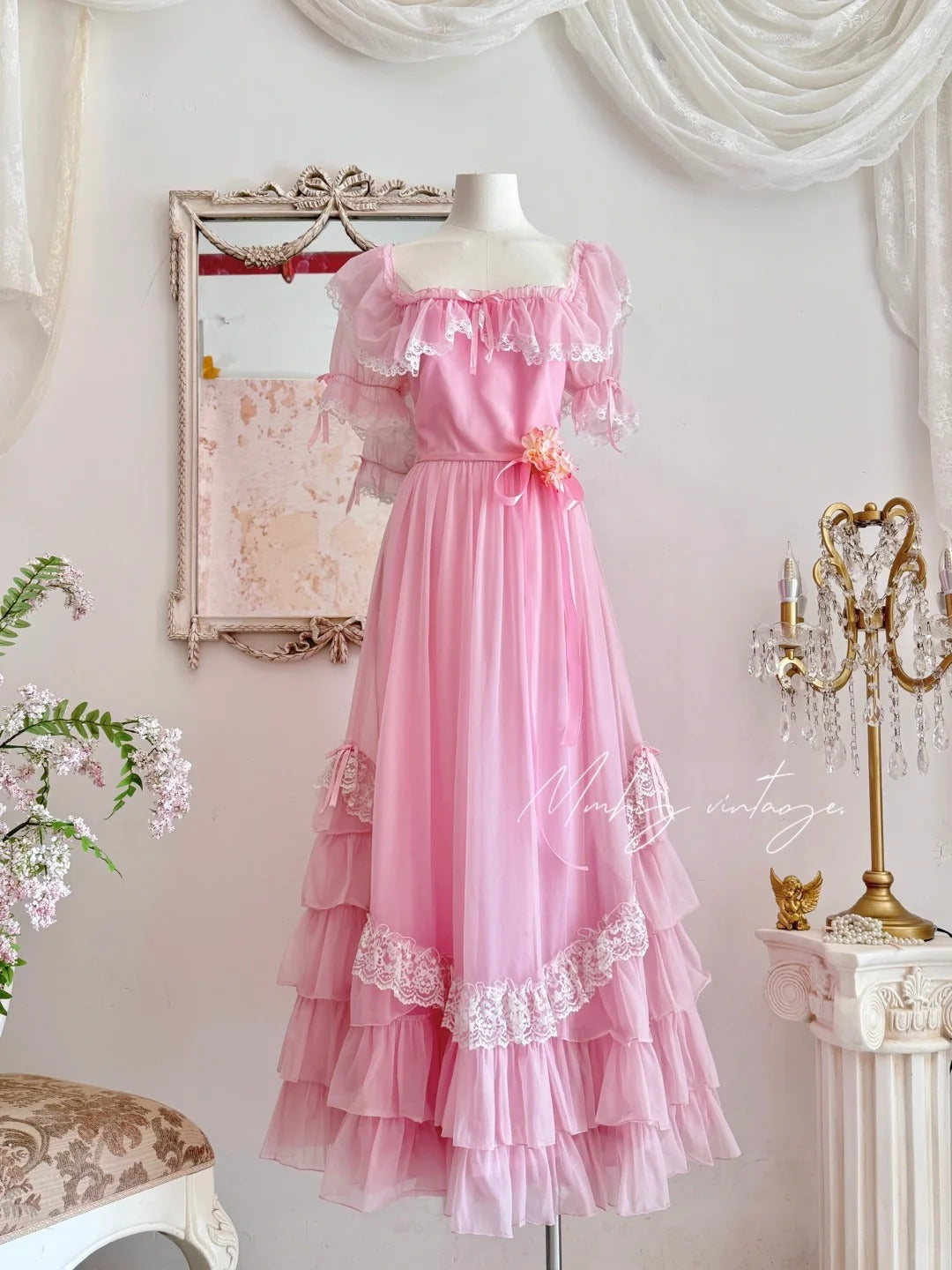 Robe de princesse longue en mousseline de soie et tulle, rose, rétro, mignonne, exquise, à la mode, avec nœud en dentelle, manches bouffantes, à volants, robe de soirée, anniversaire, cérémonie, adulte, nv4090