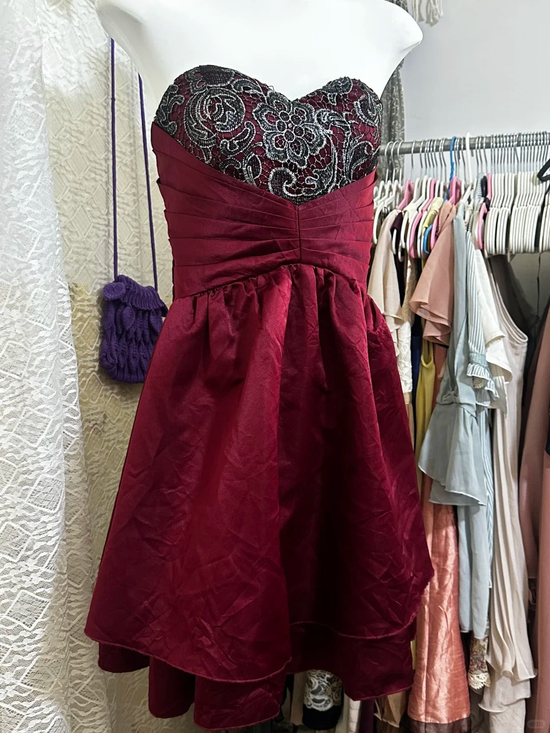 Burgundy vintage tube top short satin homecoming dress birthday party dress nv5085