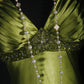 Robe de soirée longue en satin vert vintage, élégante et exquise, avec traîne au sol, avec perles, nv4121
