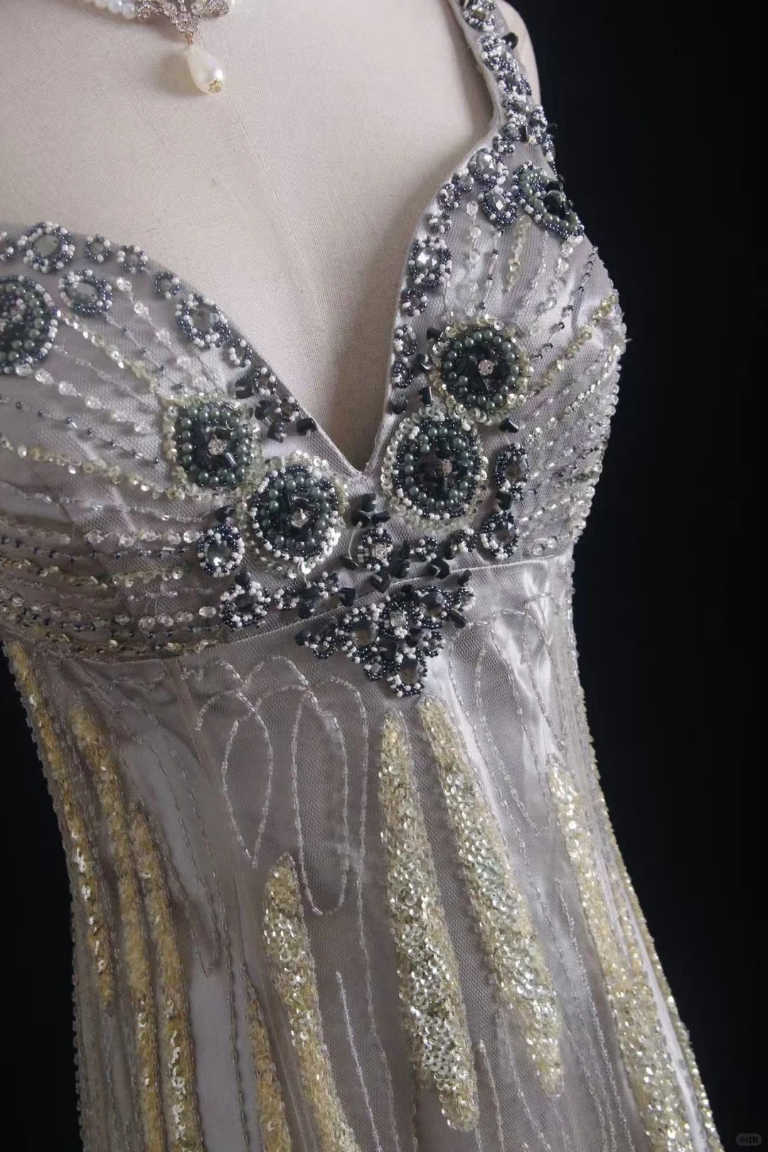 Silver tulle beaded, shiny and gorgeous, Galaxy Heavy Vintage double-shouldered Gatsby-style dress, ball gown, evening gown, party dress nv5207