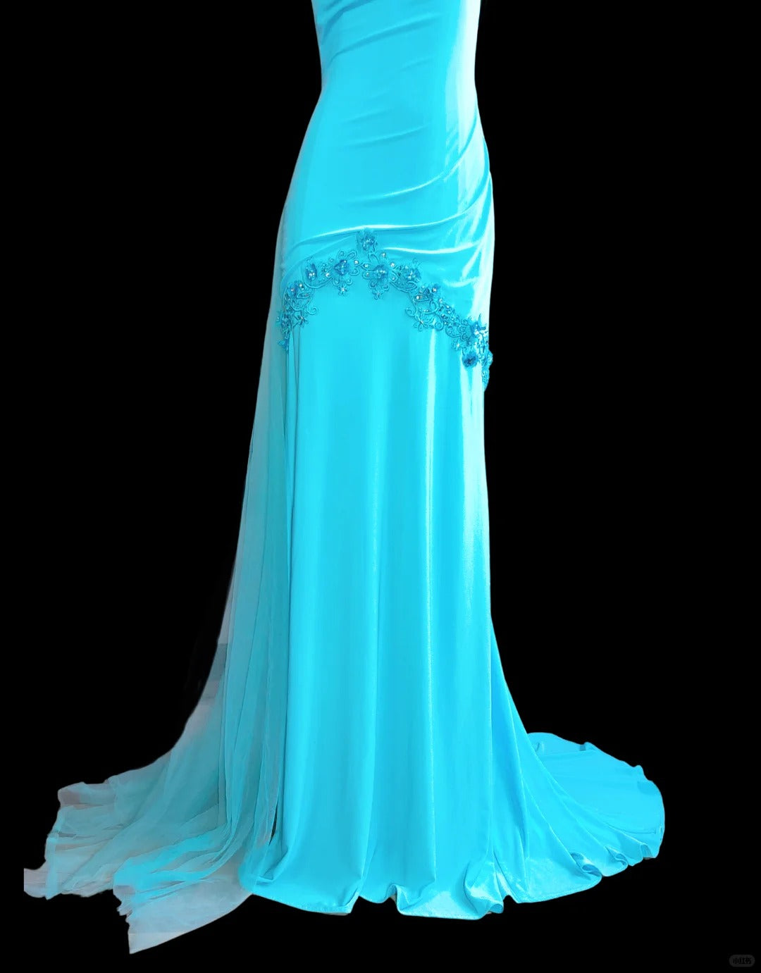 Vintage-Kleid Tiffany blau rückenfrei exquisite Perlen lange Satin Ballkleid Abendkleid nv5231