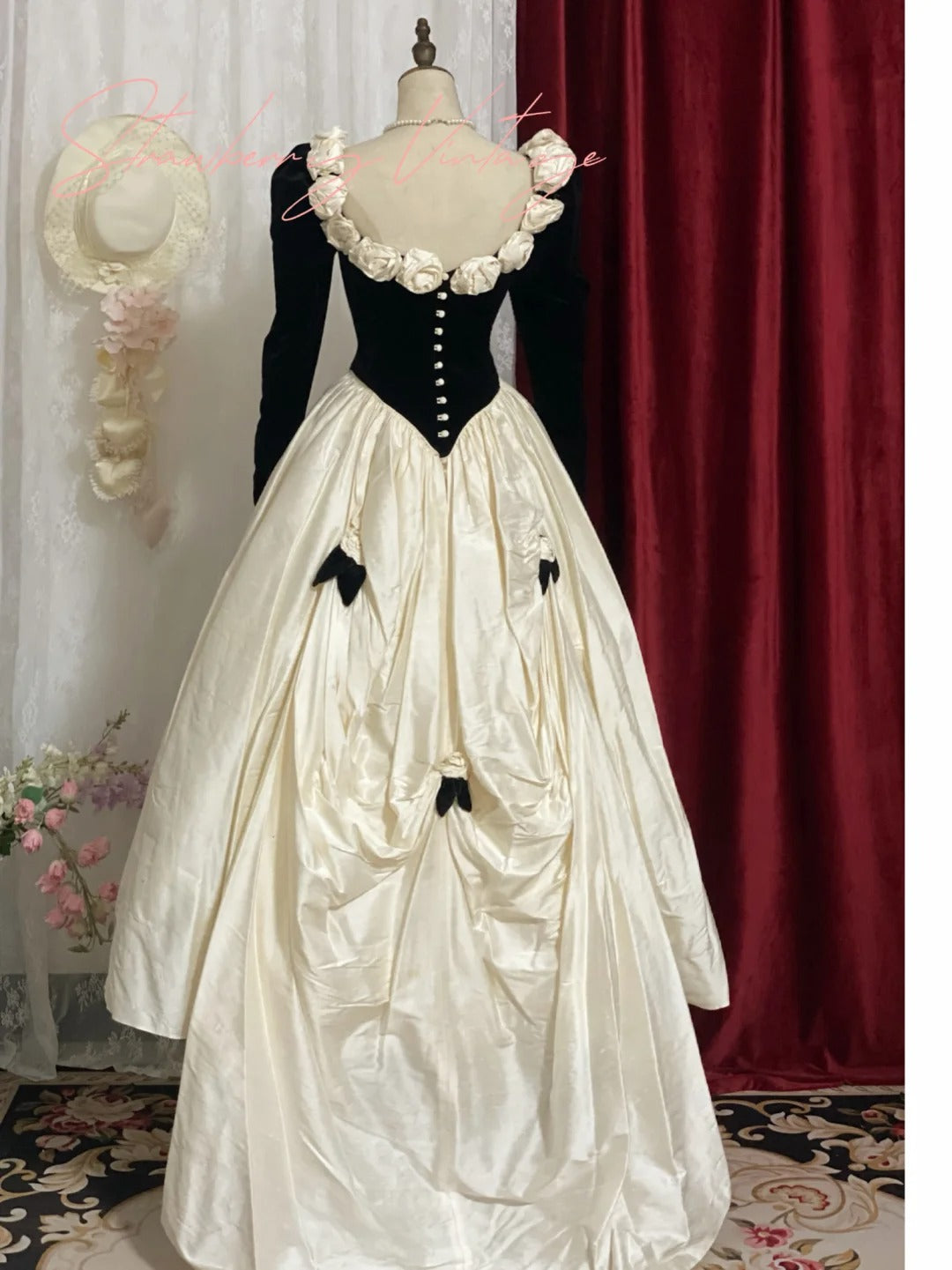 Ivory vintage rose long satin velvet ball gown nv4996
