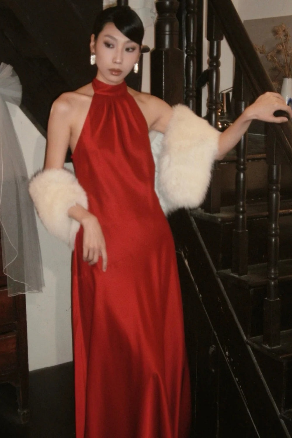 Elegant satin long formal dress with red suspender NV6603