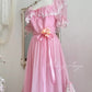 Robe de princesse longue en mousseline de soie et tulle, rose, rétro, mignonne, exquise, à la mode, avec nœud en dentelle, manches bouffantes, à volants, robe de soirée, anniversaire, cérémonie, adulte, nv4090