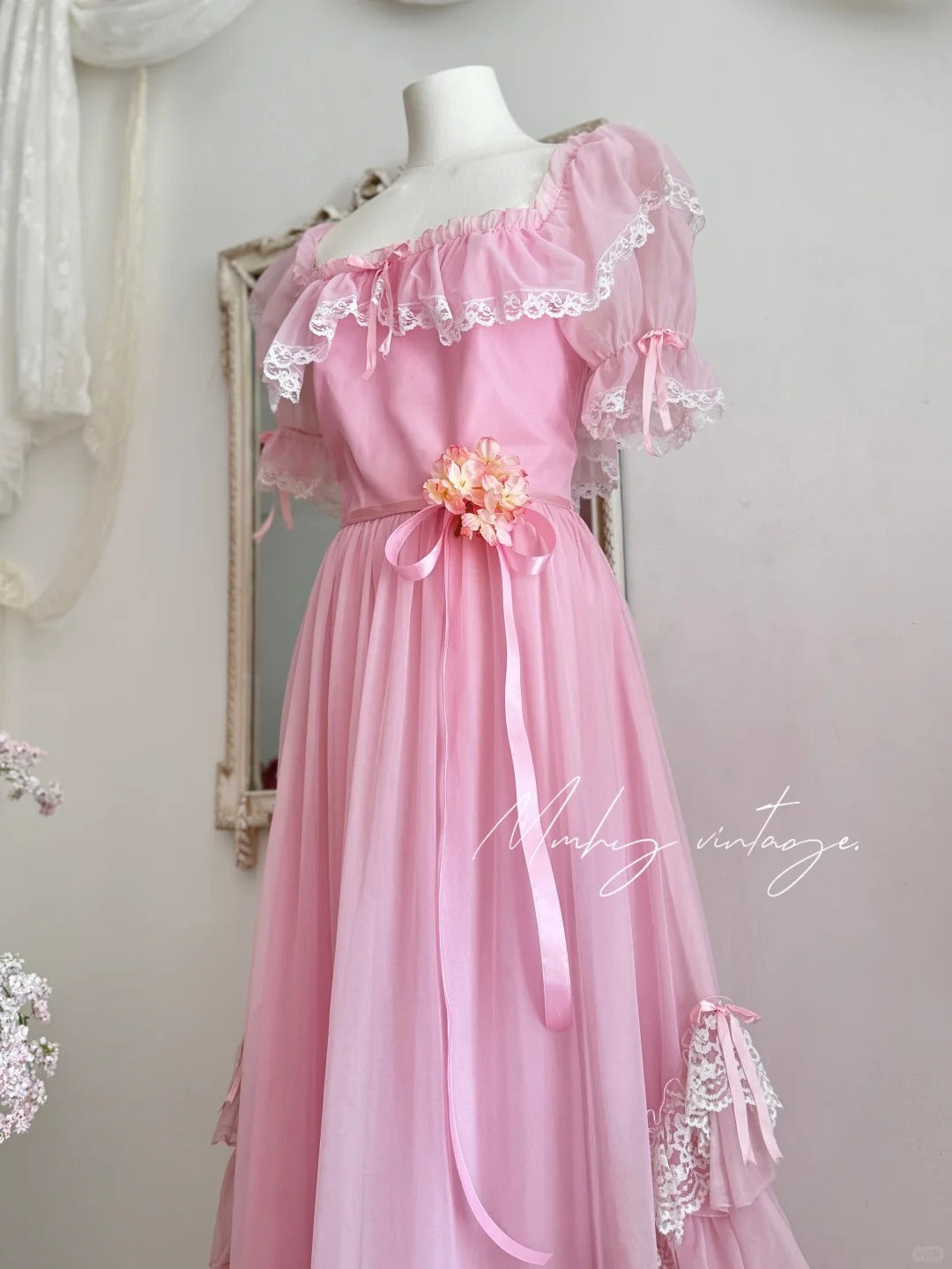 Robe de princesse longue en mousseline de soie et tulle, rose, rétro, mignonne, exquise, à la mode, avec nœud en dentelle, manches bouffantes, à volants, robe de soirée, anniversaire, cérémonie, adulte, nv4090