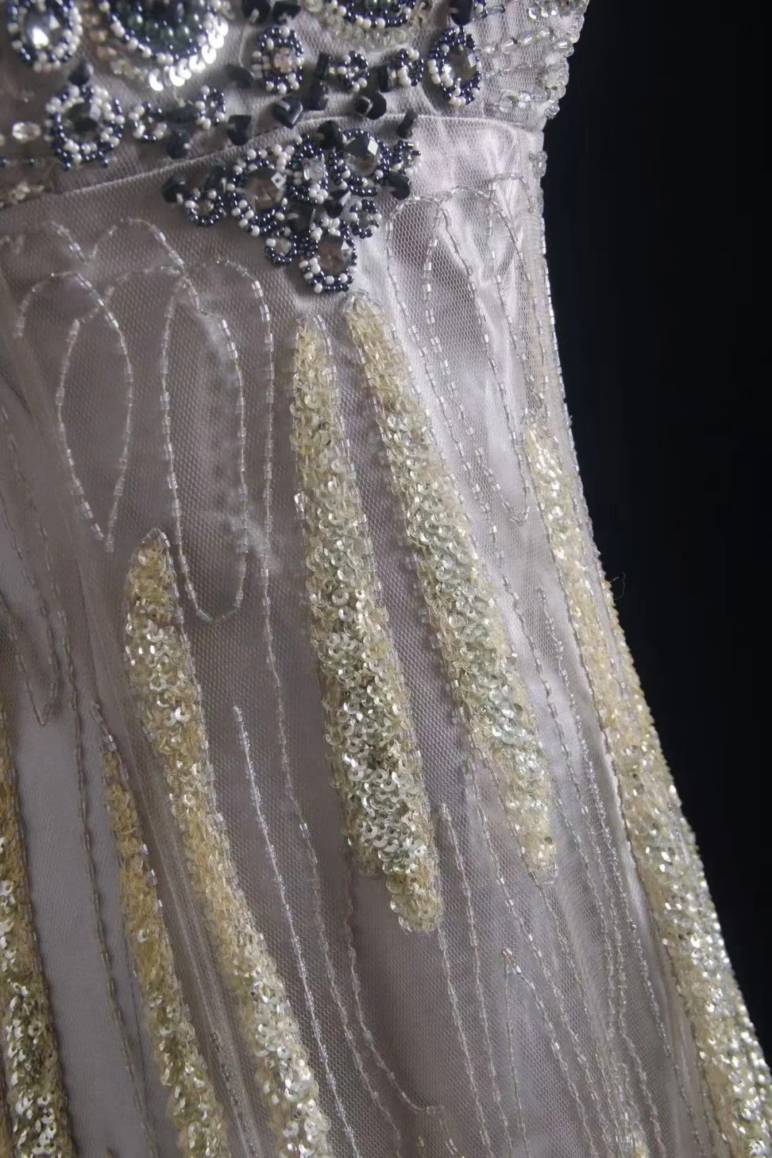 Silver tulle beaded, shiny and gorgeous, Galaxy Heavy Vintage double-shouldered Gatsby-style dress, ball gown, evening gown, party dress nv5207