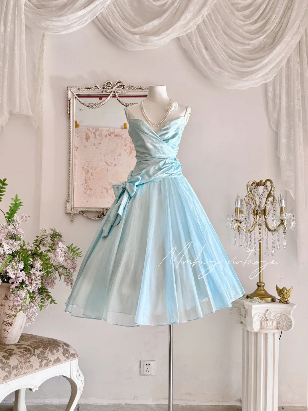 Blue Retro Cute Fashion Elegant Spaghetti Strap Long Tulle Ball Gown Evening Dress Prom Dress nv4088