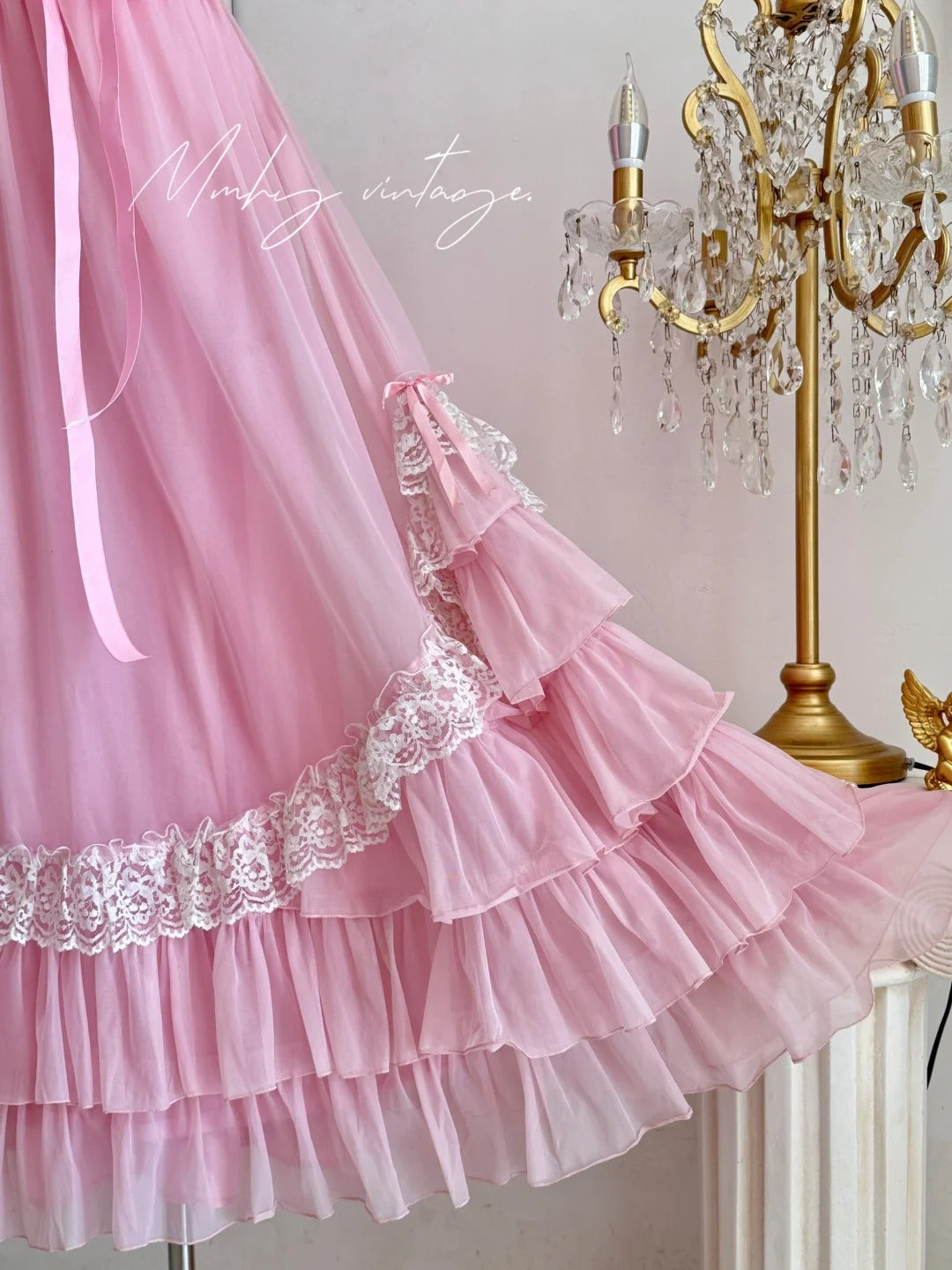 Robe de princesse longue en mousseline de soie et tulle, rose, rétro, mignonne, exquise, à la mode, avec nœud en dentelle, manches bouffantes, à volants, robe de soirée, anniversaire, cérémonie, adulte, nv4090