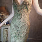 Ravissante robe de bal vintage longue et exquise, vert foncé, ornée de perles, nv5434