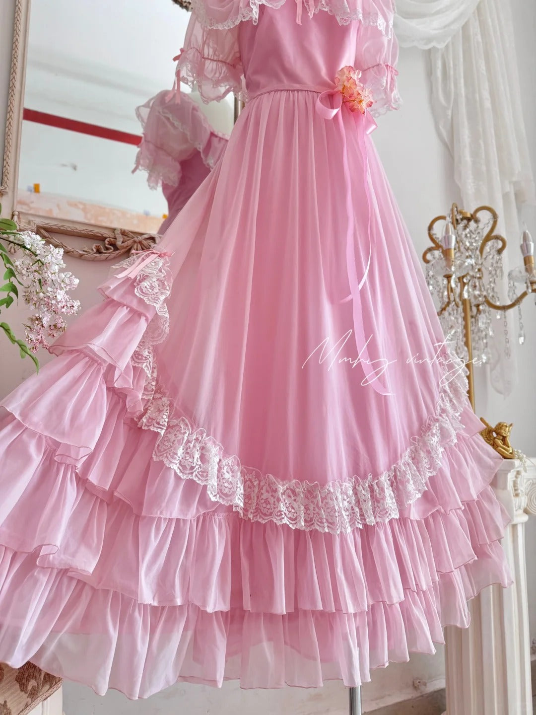 Robe de princesse longue en mousseline de soie et tulle, rose, rétro, mignonne, exquise, à la mode, avec nœud en dentelle, manches bouffantes, à volants, robe de soirée, anniversaire, cérémonie, adulte, nv4090