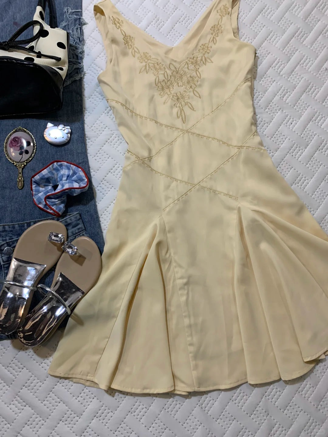 NiceVestidos--Short chiffon homecoming dress yellow exquisite floral beaded vest sleeveless dress vintage retro outfit girl dress NV5657