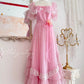 Robe de princesse longue en mousseline de soie et tulle, rose, rétro, mignonne, exquise, à la mode, avec nœud en dentelle, manches bouffantes, à volants, robe de soirée, anniversaire, cérémonie, adulte, nv4090
