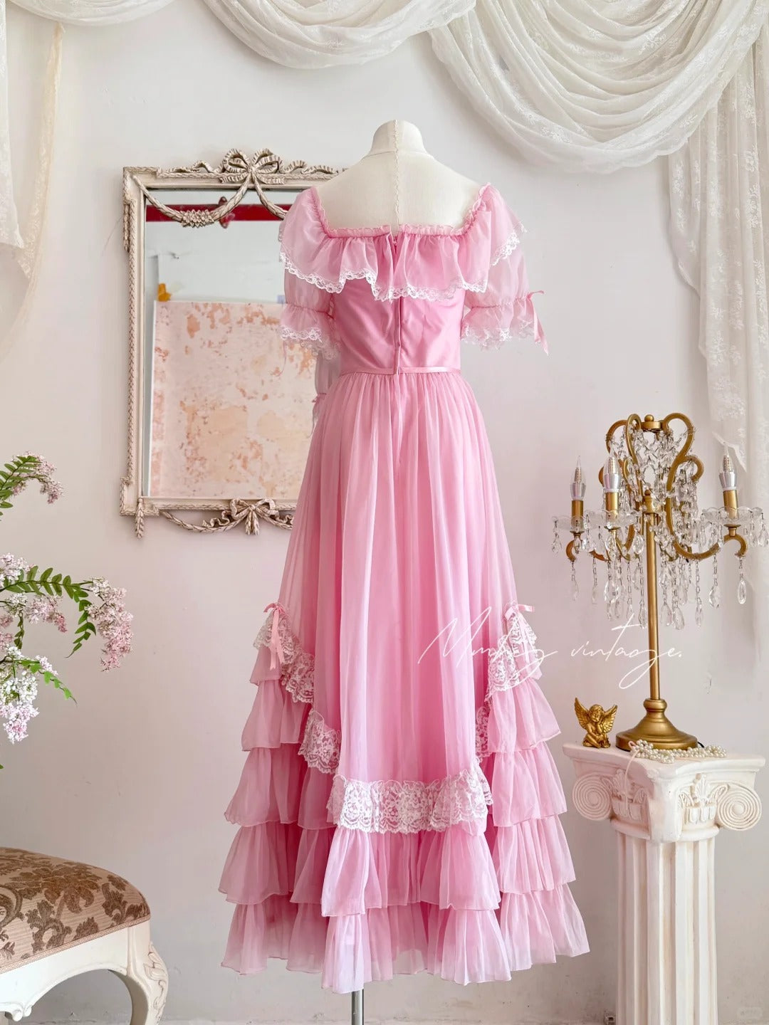 Robe de princesse longue en mousseline de soie et tulle, rose, rétro, mignonne, exquise, à la mode, avec nœud en dentelle, manches bouffantes, à volants, robe de soirée, anniversaire, cérémonie, adulte, nv4090