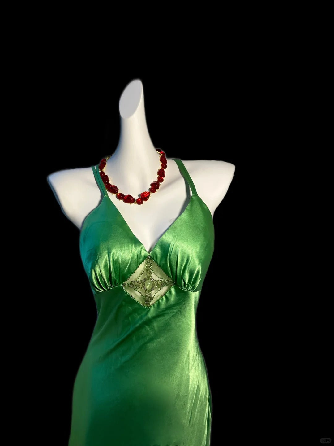 Green spaghetti strap elegant satin long prom dress evening gown nv5229