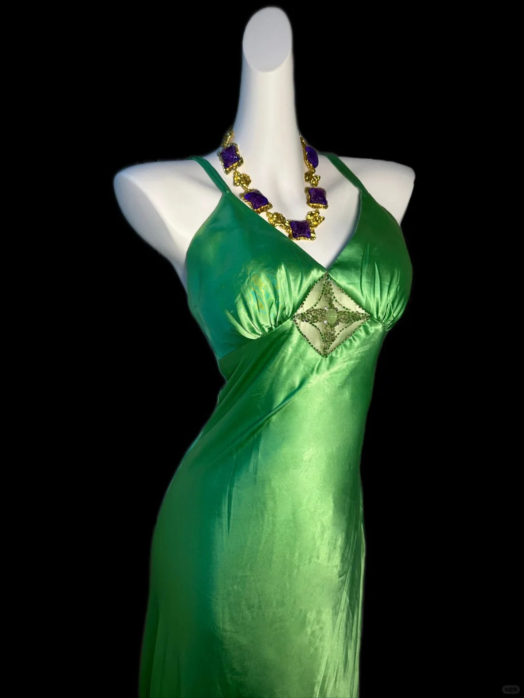 Green spaghetti strap elegant satin long prom dress evening gown nv5229