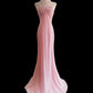 Pink Fashion Elegant Suspender Long Mermaid Slim Fishtail Skirt Chiffon Floor Length Train Ball Gown Evening Dress Wedding Bridesmaid Party Dress Prom Dress nv3865