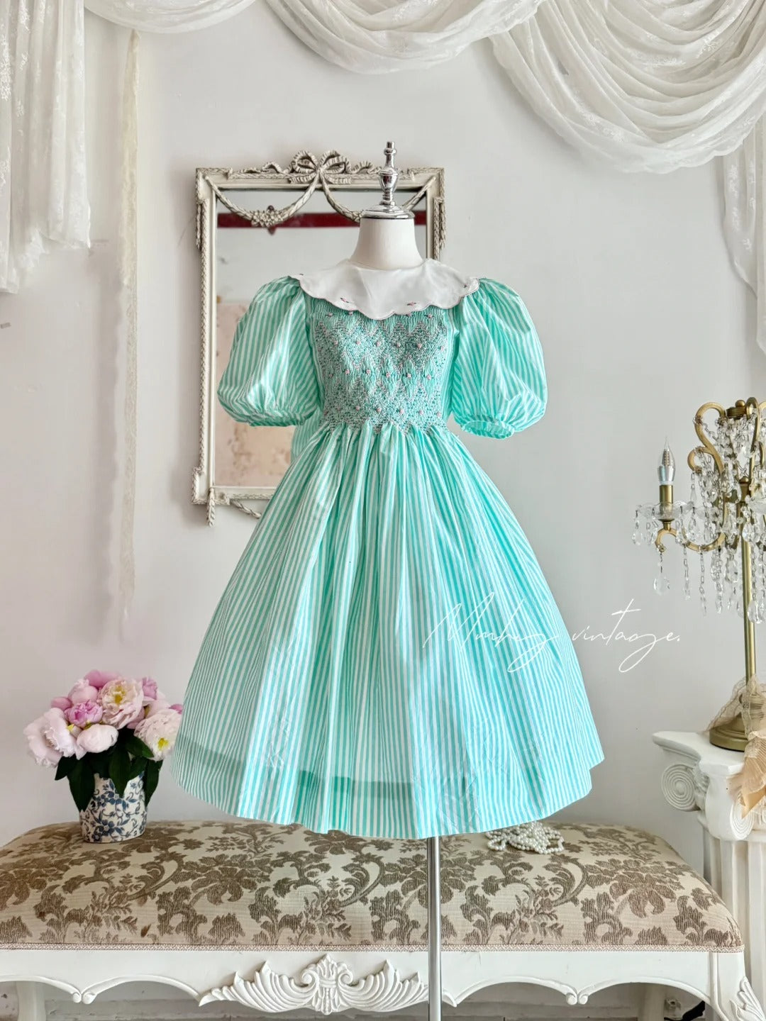 Mint Green Petal Baby Doll Collar and Puff Sleeves Embroidered Little Roses Vintage Elegant A-skirt Delicate Short chiffon Homecoming Dress Prom Dress Evening Dress garden Party Dress Prom Dress Wedding Flower Girl Dress nv4100