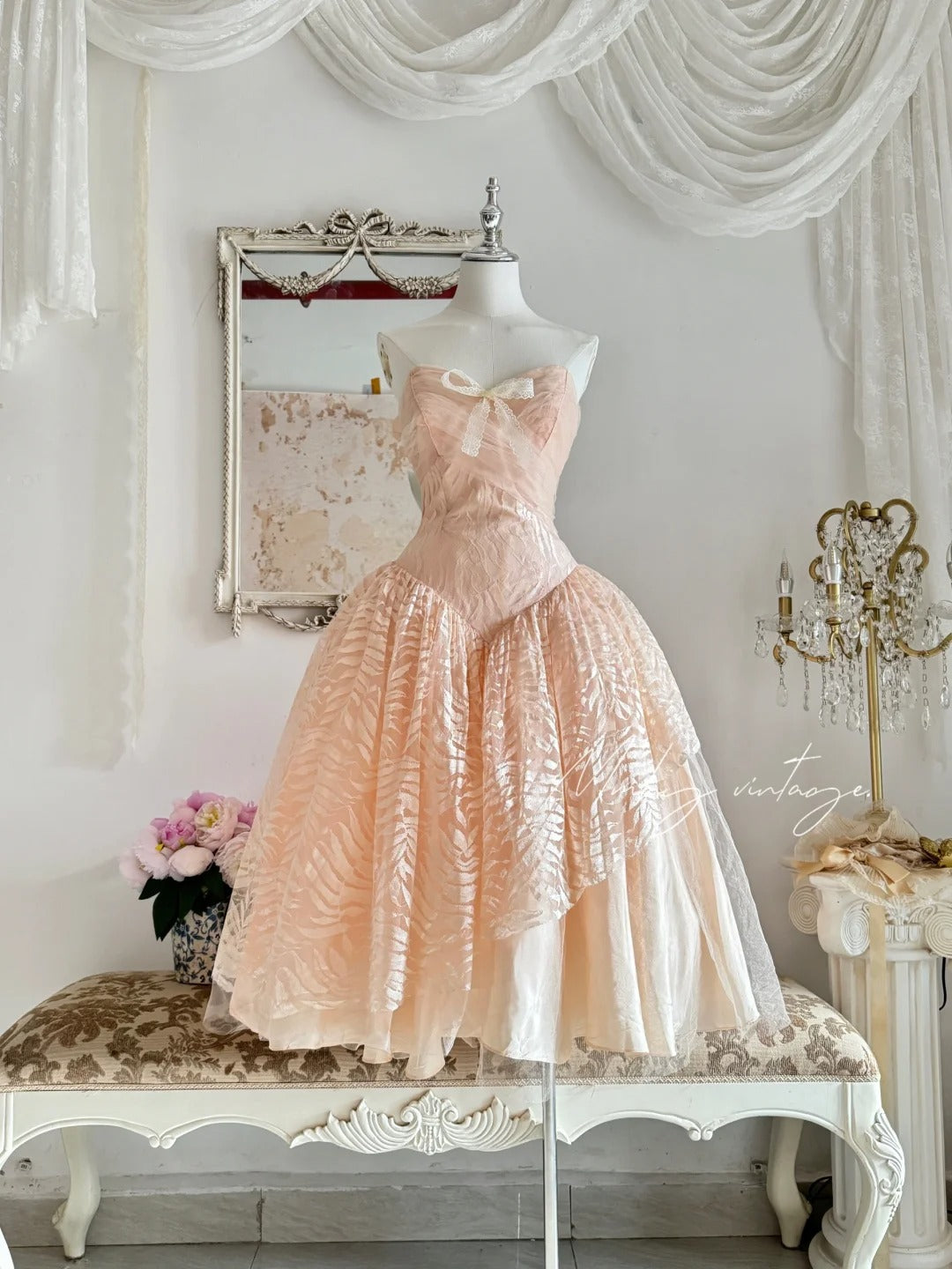 Peach orange tube top elegant exquisite lace princess dress medium length/short prom dress evening dress adult dress birthday dress prom dress nv4096