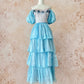 Blaues Eisrosen-Kuchenkleid, Retro, süß, niedlich, modisch, Puffärmel, Rüschen, Prinzessinnenkleid, langer Kuchenrock, Tüll, Chiffon, Ballkleid, Abendkleid, Geburtstagskleid für Erwachsene, Zeremonie, Partykleid, nv4091