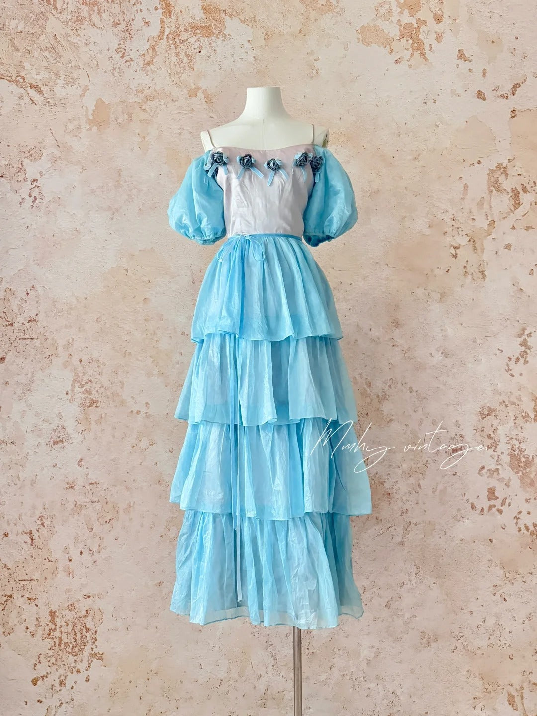 Blaues Eisrosen-Kuchenkleid, Retro, süß, niedlich, modisch, Puffärmel, Rüschen, Prinzessinnenkleid, langer Kuchenrock, Tüll, Chiffon, Ballkleid, Abendkleid, Geburtstagskleid für Erwachsene, Zeremonie, Partykleid, nv4091