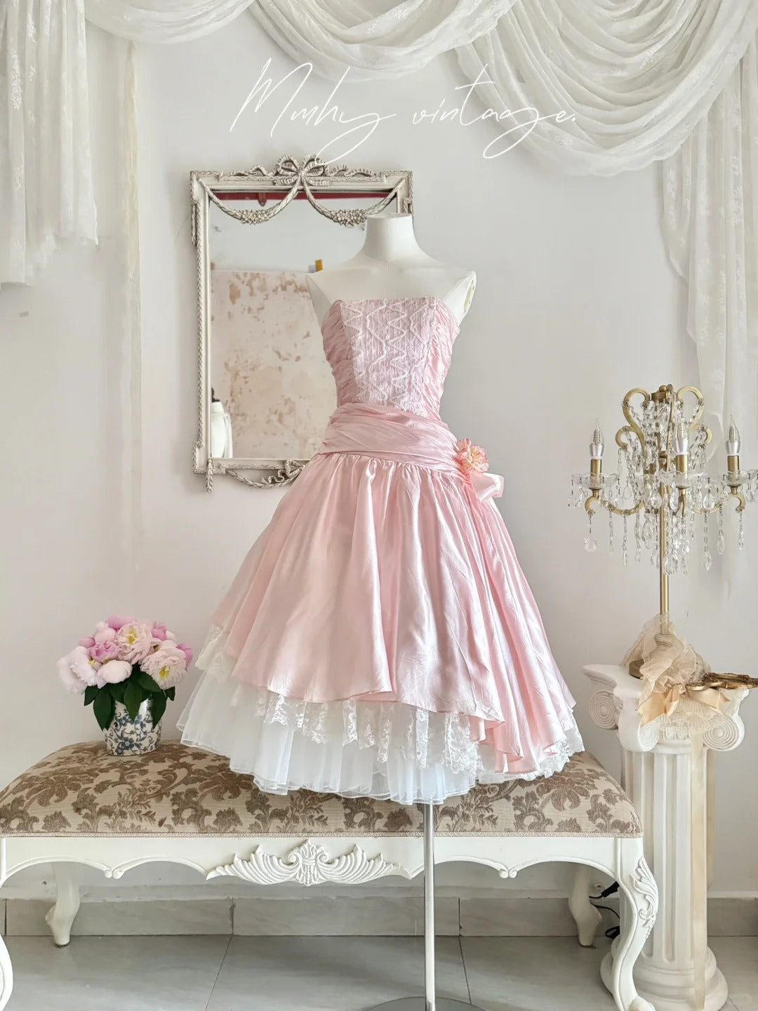 Pale Pink Retro Floral Elegant A-skirt Exquisite Sequin Midi/Short satin Homecoming Dress Prom Dress Evening Dress Birthday Party Dress Prom Dress Wedding Dress Quinceanera Dress nv4101