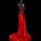 Red beaded gorgeous shiny elegant mermaid long lace chiffon prom dress evening gown nv5226