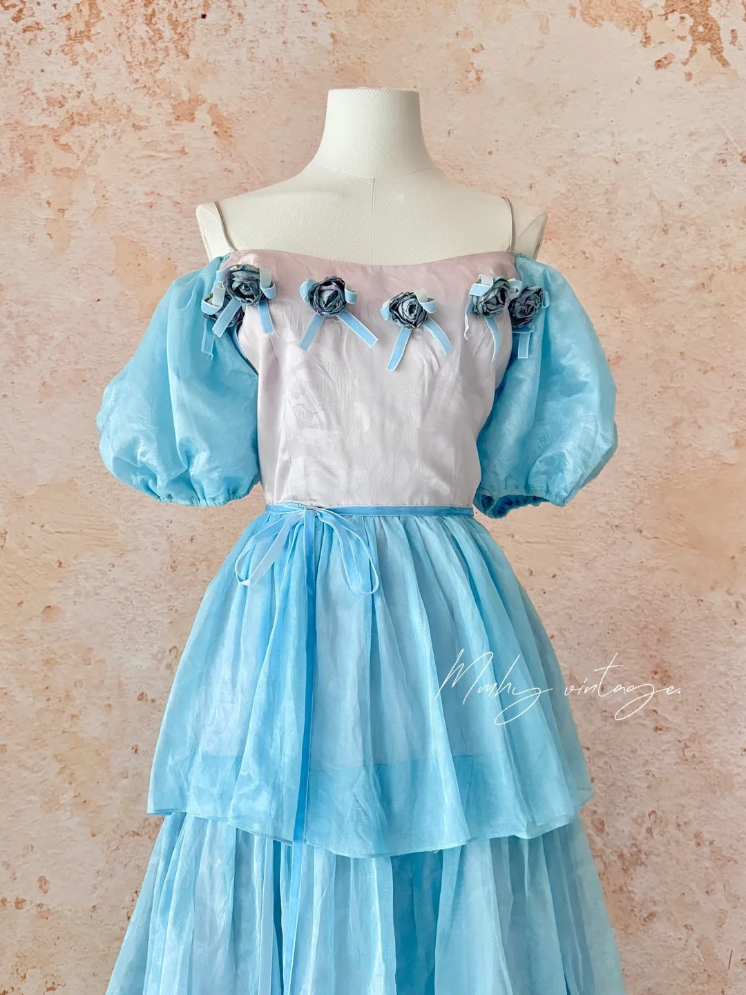 Blaues Eisrosen-Kuchenkleid, Retro, süß, niedlich, modisch, Puffärmel, Rüschen, Prinzessinnenkleid, langer Kuchenrock, Tüll, Chiffon, Ballkleid, Abendkleid, Geburtstagskleid für Erwachsene, Zeremonie, Partykleid, nv4091
