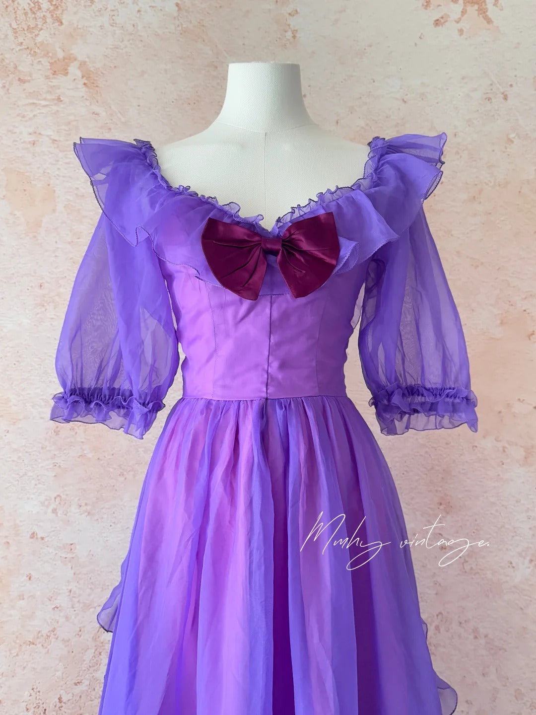 Grape Purple Retro Fashion Cute Puff Sleeves Wood Ear Edge Long Tulle Chiffon Ball Gown Evening Gown Birthday Adult Ceremony Party Gown nv4093