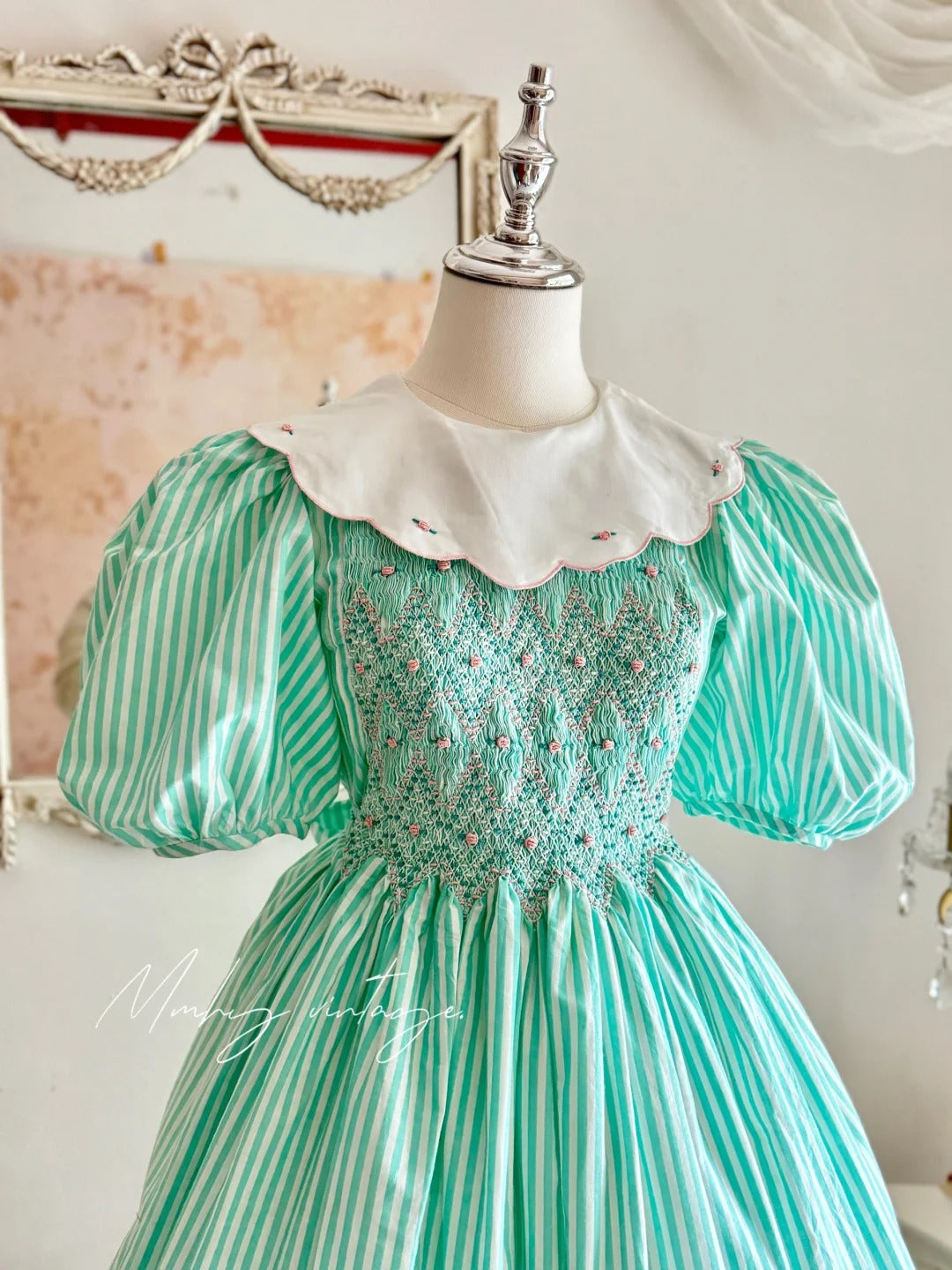 Mint Green Petal Baby Doll Collar and Puff Sleeves Embroidered Little Roses Vintage Elegant A-skirt Delicate Short chiffon Homecoming Dress Prom Dress Evening Dress garden Party Dress Prom Dress Wedding Flower Girl Dress nv4100