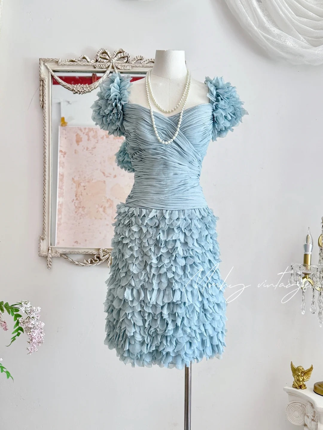 Haze blue retro sweet cute fashion pleated heavy feather tulle gauze small dress short prom dress evening dress birthday party dress nv4089